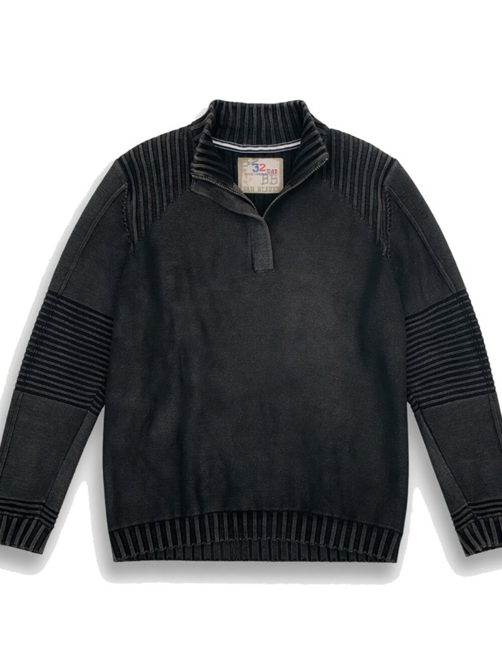 32 BAR BLUES XXL Washed Black 100% Cotton 1/4 Zip Sweater Rib Knit Pullover SEXY